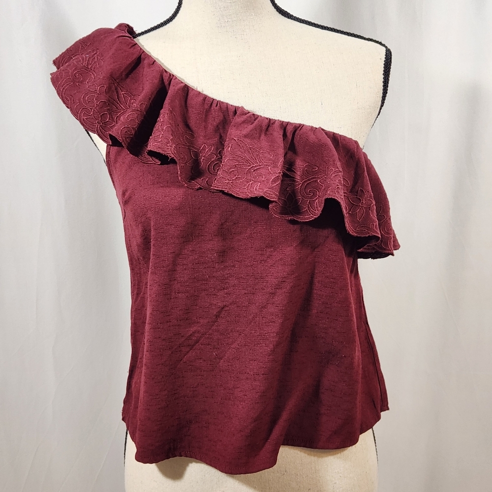 Blue Rain One-Shoulder Burgundy Ruffle Top Size Small